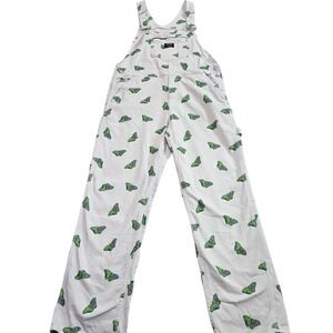 WESC Womens Butterfly AOP Carpenter Overalls White Denim Utility Bib Sz 30